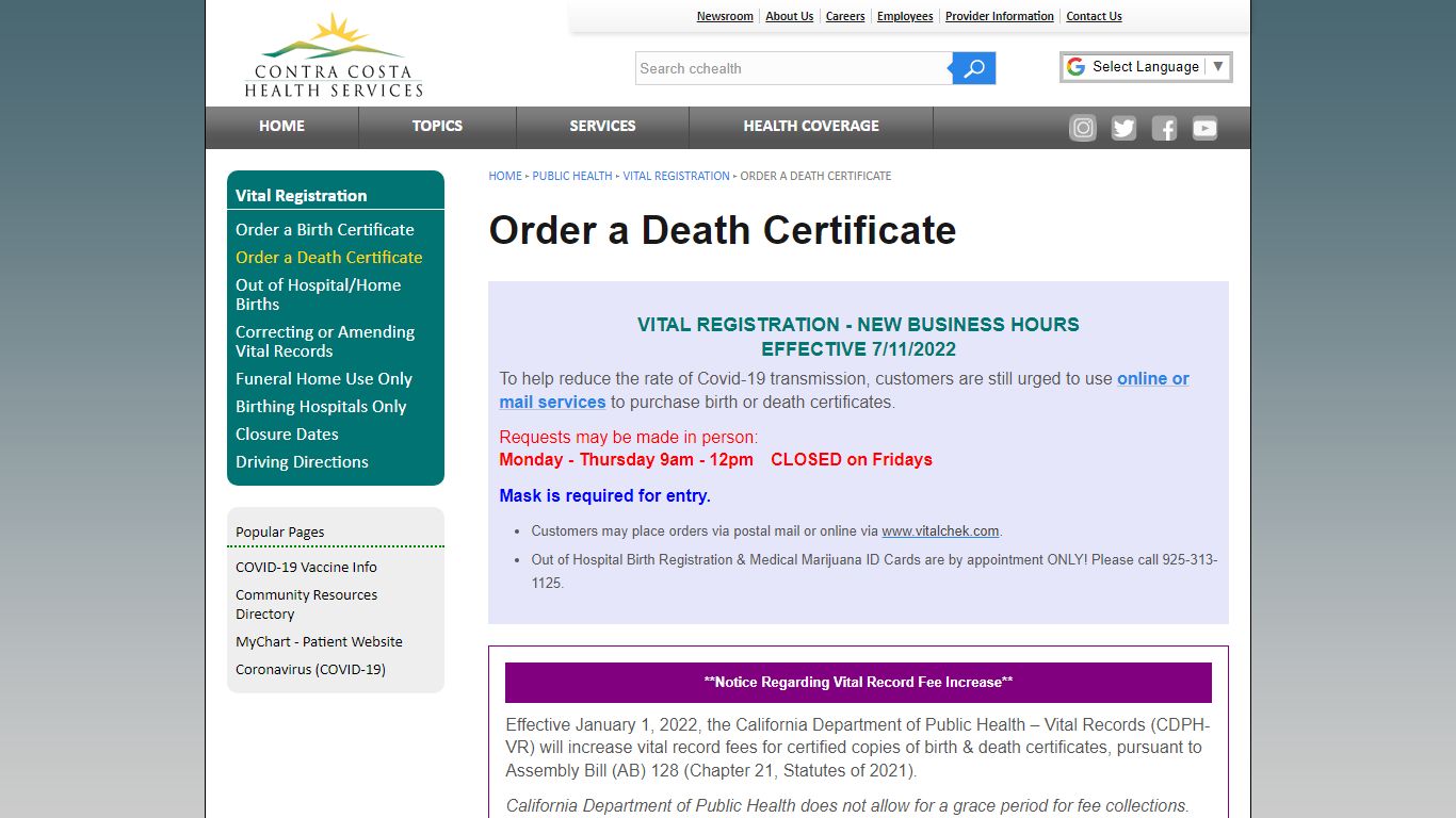 Order a Death Certificate :: Public Health - Contra Costa County